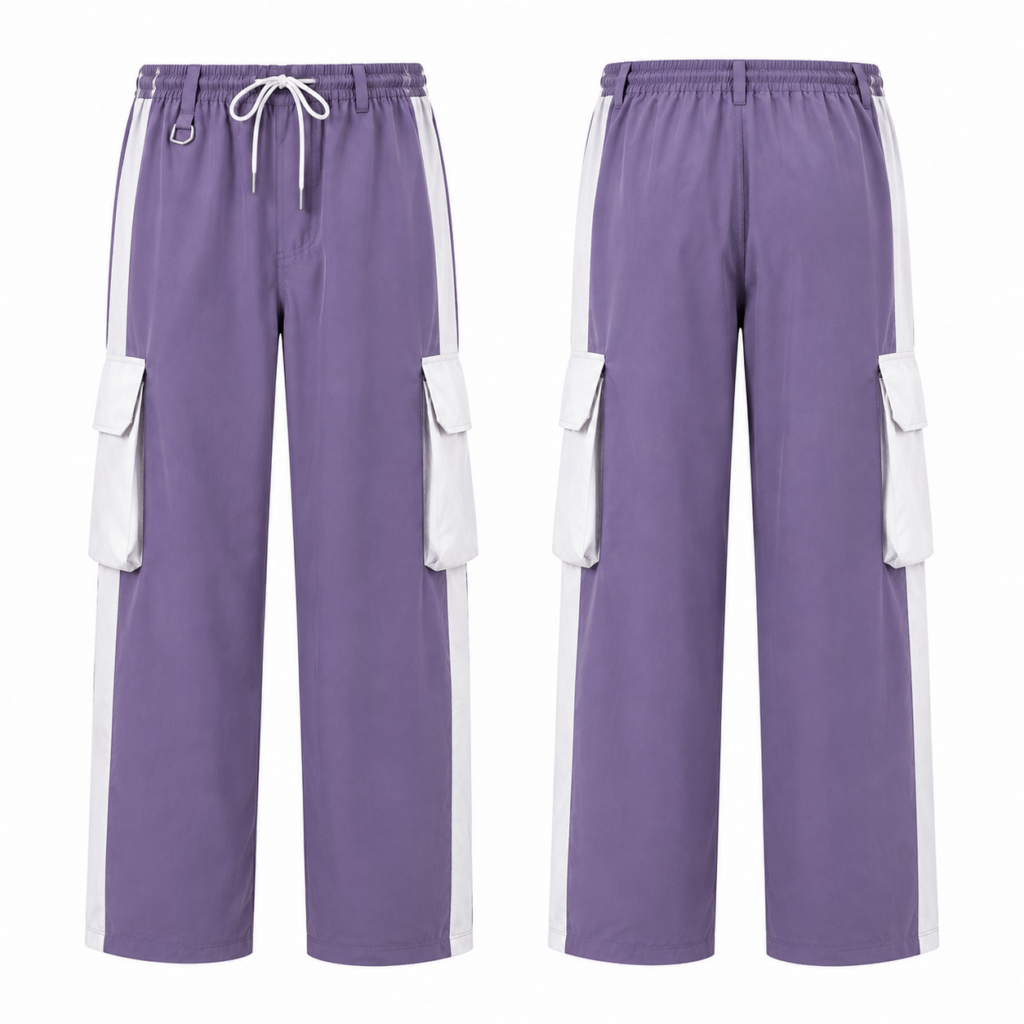 Purple and White Cargo Pants with Drawstring Waist
