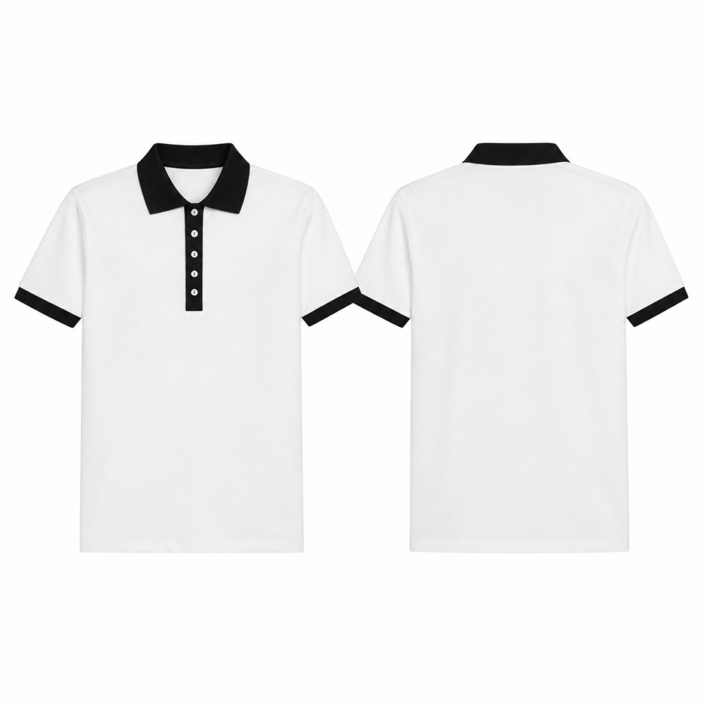 Black and White Short Sleeve Polo Shirt with Pointed Collar