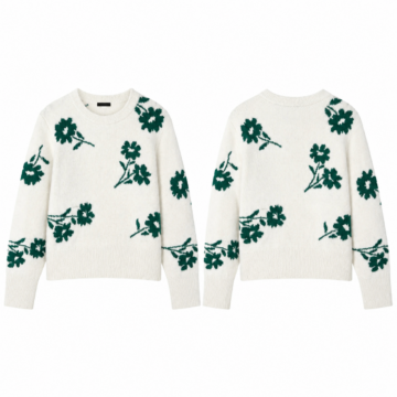 White and Emerald Floral Knit Crewneck Sweater