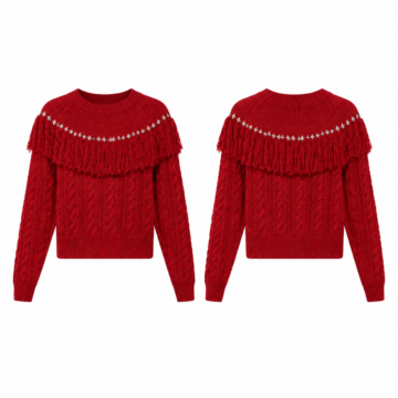 Red and White Cable Knit Studded Sweater