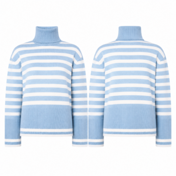 SkyBlue and White Striped Turtleneck Sweater
