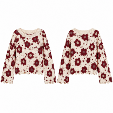 Cream and Maroon Floral Crochet Sweater