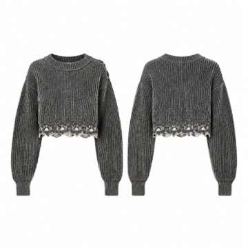 Black and White Cropped Ribbed Knit Sweater with Scalloped Hem