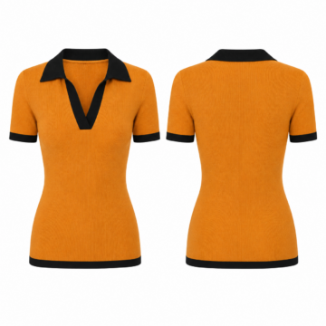 Orange and Black Ribbed Knit Polo Top