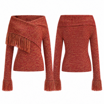 Red and Gold Off-the-Shoulder Fringe Knit Sweater