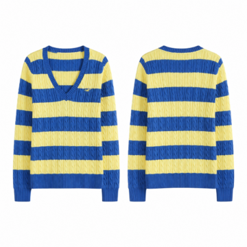 Yellow and Blue Striped Cable-Knit V-Neck Sweater