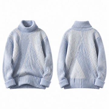 Blue and White Turtleneck Chunky Knit Sweater
