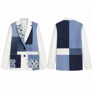 White and Blue Patchwork Relaxed Fit Blazer