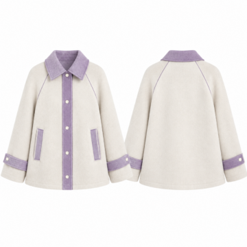 White and Purple A-Line Button-Front Coat with Pointed Collar