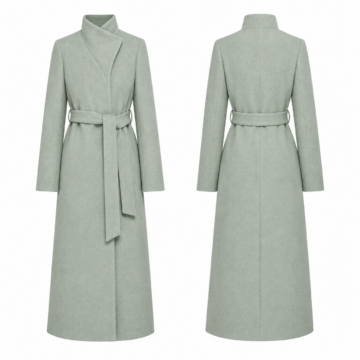 Green and White Longline Coat with Wrap-Style Stand Collar