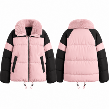 Pink and Black Oversized Puffer Coat with Faux-Fur Collar