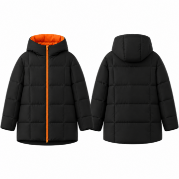 Black and Orange Hooded Puffer Jacket with Zip Pockets