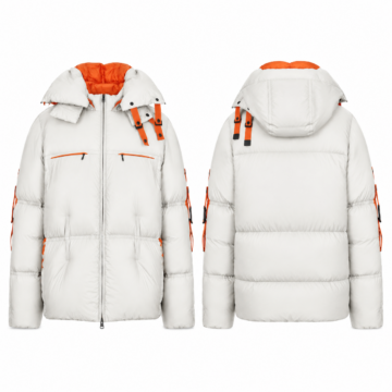 White and Orange Hooded Puffer Jacket with Chest Zip Pockets