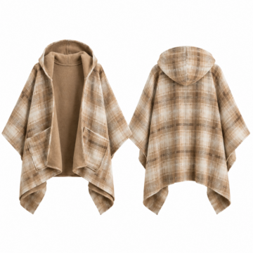 Gold and Brown Check Open-Front Cape Coat with Shawl Collar
