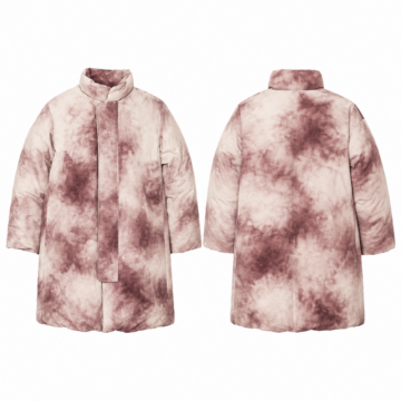 Cream and Maroon Tie-Dye Oversized Puffer Coat with Stand Collar