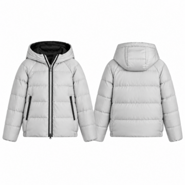 Silver and Black Hooded Puffer Jacket with Quilted Texture
