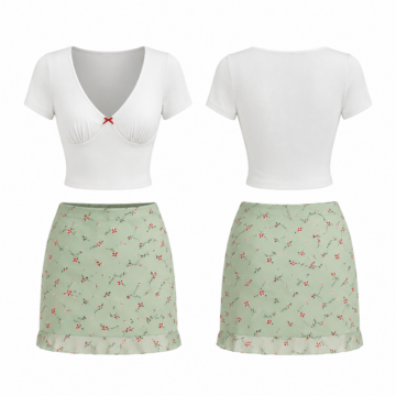 White and Red Two-Piece Set with Crop Top and Floral Mini Skirt