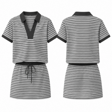 Gray and Black Striped Two-Piece Set with Polo Top and Mini Skirt
