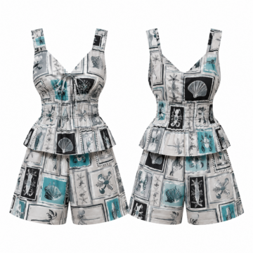 Silver and Black Maritime Print Two-Piece Set with Smocked Peplum Top and Wide-Leg Shorts