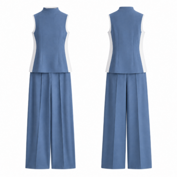 Blue and White Sleeveless Mock-Neck Top and Wide-Leg Trousers Set