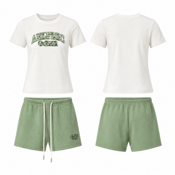 White and Green Short-Sleeve Graphic T-Shirt and Drawstring Shorts Set