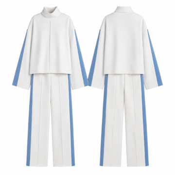 White and Blue Funnel-Neck Oversized Top and Straight-Leg Trousers Set