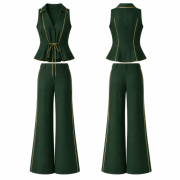 Forest Green and Gold Sleeveless Drawstring Top and Wide-Leg Pants Set