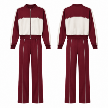 White and Burgundy Zip-Up Bomber Jacket and Straight-Leg Pants Set