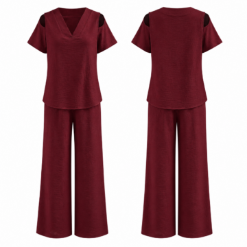 White and Burgundy Cutout Shoulder V-Neck Top and Wide-Leg Pants Set