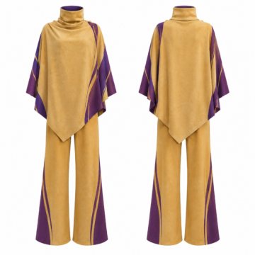 Gold and Purple Cowl-Neck Poncho Top and Wide-Leg Pants Set