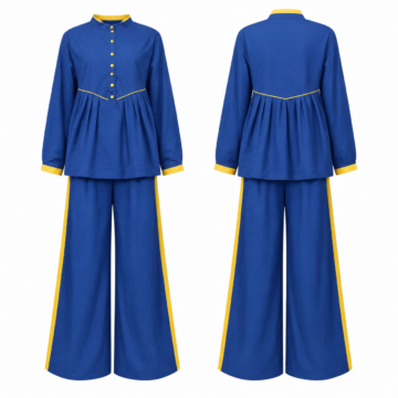 Royal Blue and Yellow Two-Piece Wide-Leg Trouser Set with Band Collar Top