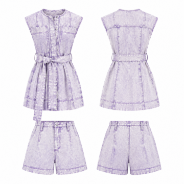 Indigo Denim Two-Piece Set with Sleeveless Tie-Waist Top and High-Waisted Shorts