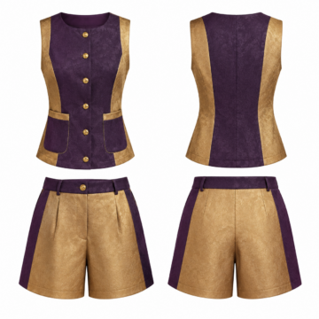 Gold and Purple Sleeveless Vest and High-Waisted Shorts Set
