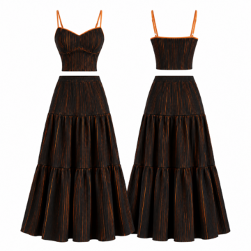 Black and Orange Ribbed Cami and Tiered Maxi Skirt Set
