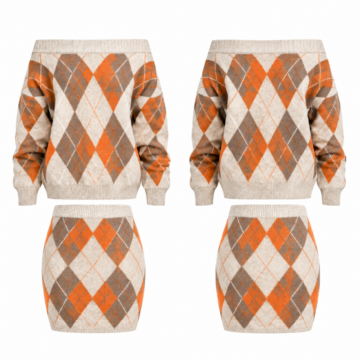 White and Orange Argyle Off-the-Shoulder Sweater and Mini Skirt Set
