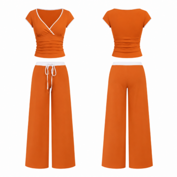 Orange and White Two-Piece Set with V-Neck Ruched Top and Wide-Leg Pants